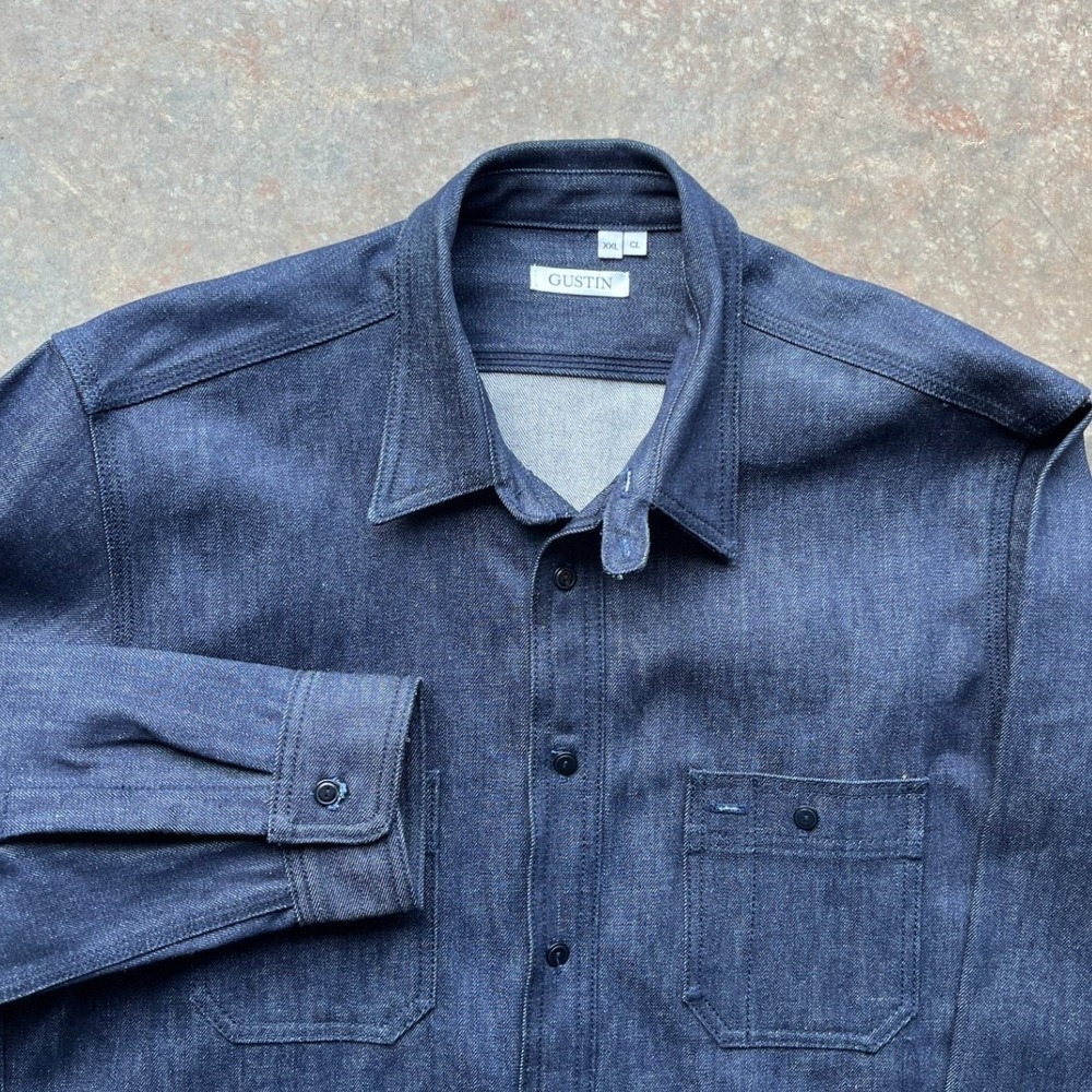 Gustin Mens XXL Indigo Selvedge Denim Workshirt Raw Blue NO WASH Button Up
